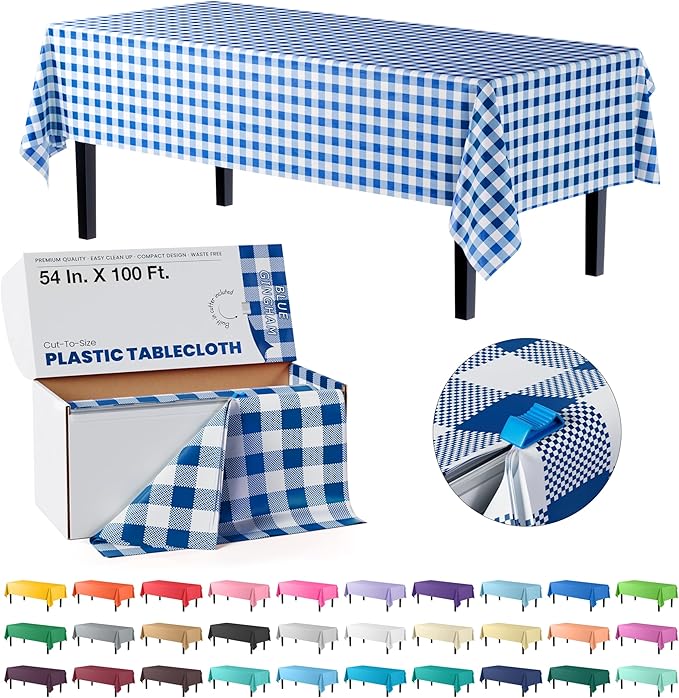 Exquisite Party Solids 54 Inch X 100 Feet Blue Gingham Plastic Table Cover Roll in A Cut - to - Size Box with Convenient Slide Cutter. Cuts Up to 12 Rectangle 8 Feet Plastic Disposable Tablecloths