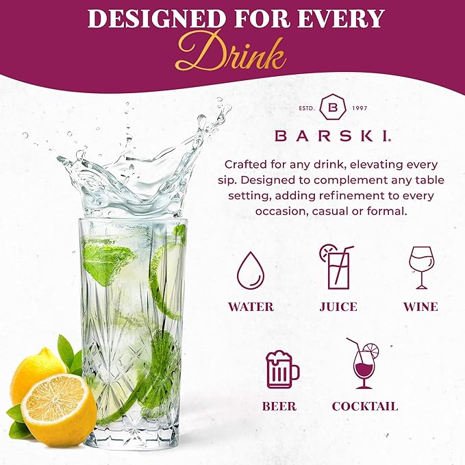 Barski Highball Glass - Drinking Glasses - Set of 4 - Hiball Tumblers - Glass Crystal Tumbler - for Water, Juice, Beer, Mixed Cocktails, Mojito Glass, Tom Collins Bar Glassware, 12 oz, Made in Europe