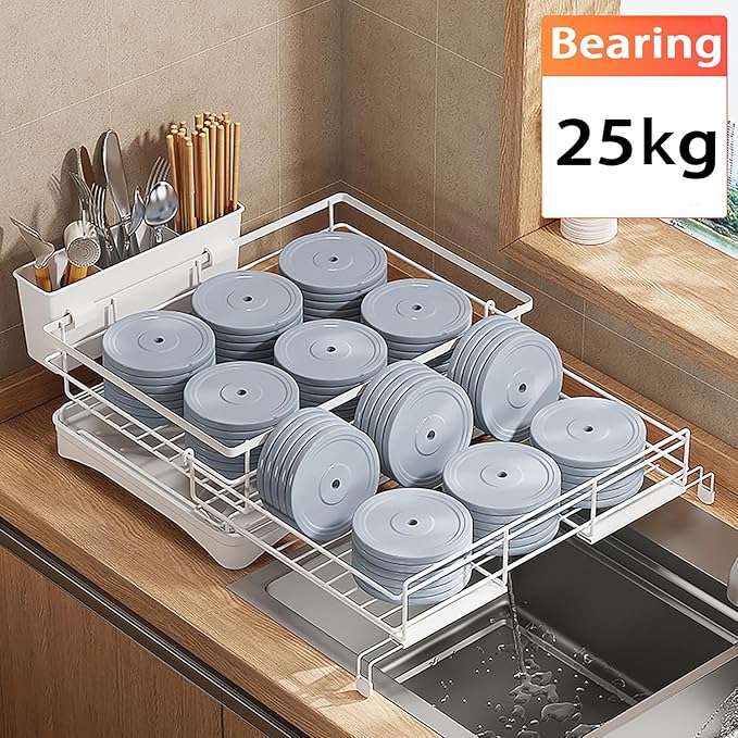 Large Dish Drying Rack - Expandable Dish drainers for Kitchen Counter,Over The Sink Dish Drainer Drying Rack,Rustproof Dish Drainer with Utensil Holder and Drainboard White
