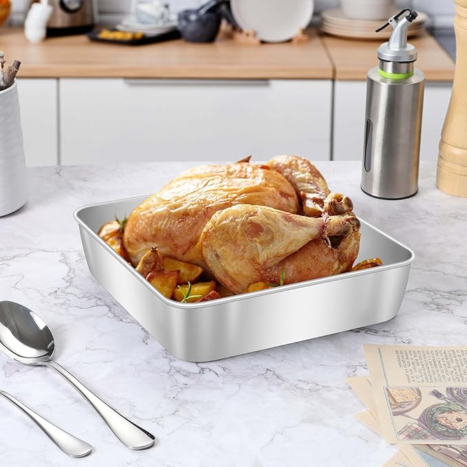 Herogo 9 x 9 x 2 Inch Baking Pan Set of 2 for Oven, Stainless Steel Square Cake Pan for Lasagna Brownies Casseroles Cakes, Dishwasher Safe & Durable