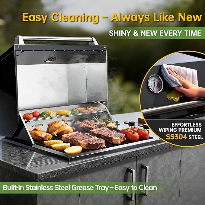 34-Inch Premium Built-In Liquid Propane Griddle for Outdoor Kitchen, 3-Burner Heavy Duty Stainless Steel Flat Top Grill with Lid, 48,000 BTUs, Large Cooking Area for BBQ Island, Outdoor Cooking, Black