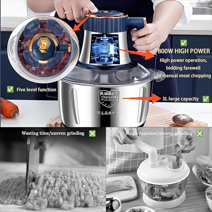 Electric Food chopper, Food Processors, Meat Grinder, 800W, 18/10 Stainless Steel, 3L Capacity,Vegetable Chopper,5-key Buttons,Quadruple-Layer 4 Blades,Suitable For Food processing and Chopping