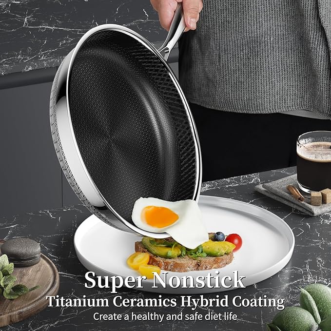 Innerwell 8 Inch Non Stick Pans, Titanium Ceramic Tri-Ply Stainless Steel Skillet Frying Pan Small Hybrid Nonstick Cooking Pan No Toxic Egg Frying Pan, Induction Compatible, PFAS/PFOA/PTFE Free
