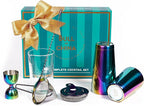Shaken & Stirred Cocktail Set by Bull in China - Premium Bartender Gift Set w 2 Piece Weighted Shaker, Hammered Jigger, Hawthorne Strainer, Fine Mesh Strainer, Mixing Glass & Barspoon (Rainbow Chrome)