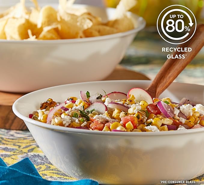 Corelle 4-Pc Meal Bowls Set Service for 4, Durable and Eco-Friendly 9-1/4-Inch Glass Bowls, Compact Stack Bowl Set, Microwave and Dishwasher Safe, White, 46 Ounces