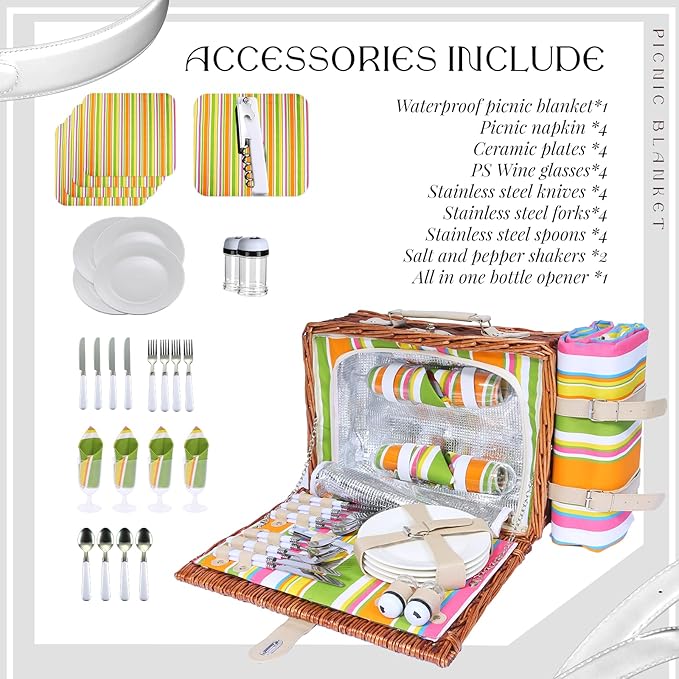 Picnic Basket Set for 4 with Waterproof Blanket Mat Insulation Bag Wicker Rainbow Stripe Cute Hawaiian Tropical Gift for Wedding Birthday Summer Camp Outdoor Camping Beach Travel Christmas