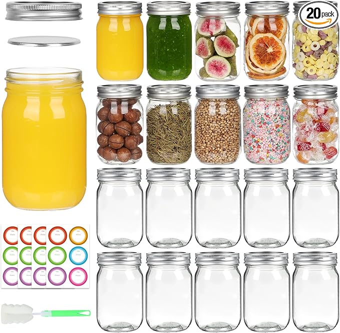 12 oz Glass Mason Jars With Lids 20 Pack,Reusable 350ml Round Canning Jars With Silver Separable Lids for Jam,Fruits Storage,Honey,Beverages and Wedding Favors(12 fl. oz, Set of 20)