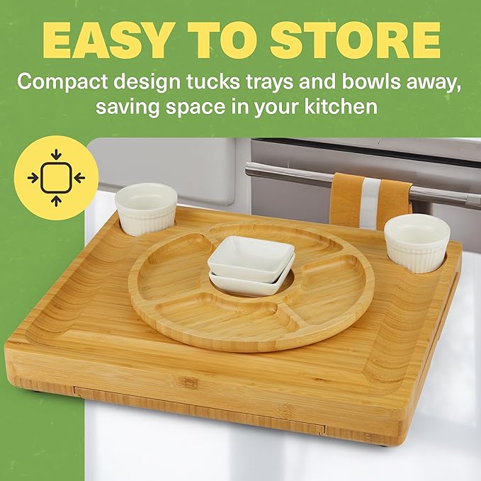Dynamic Gear Charcuterie Boards with Drawers - Expandable Bamboo Cheese Board Set with Stainless Steel Utensils, Ceramic Bowls, Serving Trays, Utensil Drawer, and Appetizer Tray - 4 Hidden Drawers