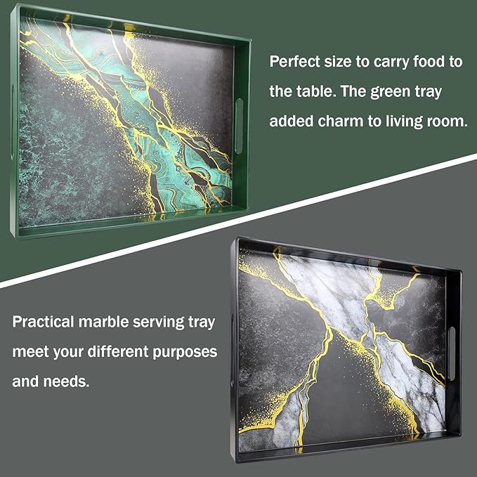 Marble Green Decorative Tray for Coffee Table, Ottoman, Rectangular Plastic Serving Platter Tray with Handles for Entertaining, Outdoor Patio, Living Room Counter, 15.7”*11.8”*1.6”