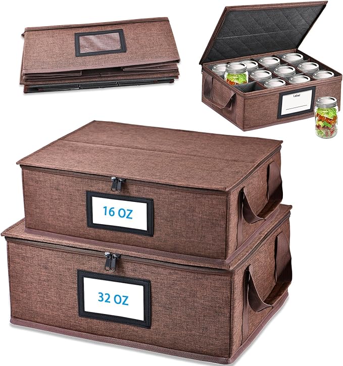 16+32 oz Mason Jar Storage Containers - Sturdy Canning Jar Boxes Organizer, Foldable with Dividers, Holds 12 Pint Mason Jars, Home Canning Supplies (Pint+Quart)