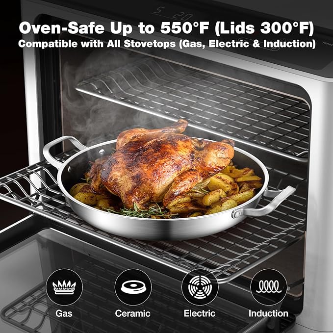 Tri-Ply 14.5 Inch Stainless Steel Paella Pan,12 Servings Paella Pan with Lid,18/10 Nonstick Large Skillet,Jumbo Cooker,Induction Pan,Skillets,for Outdoors,Camping,Parties
