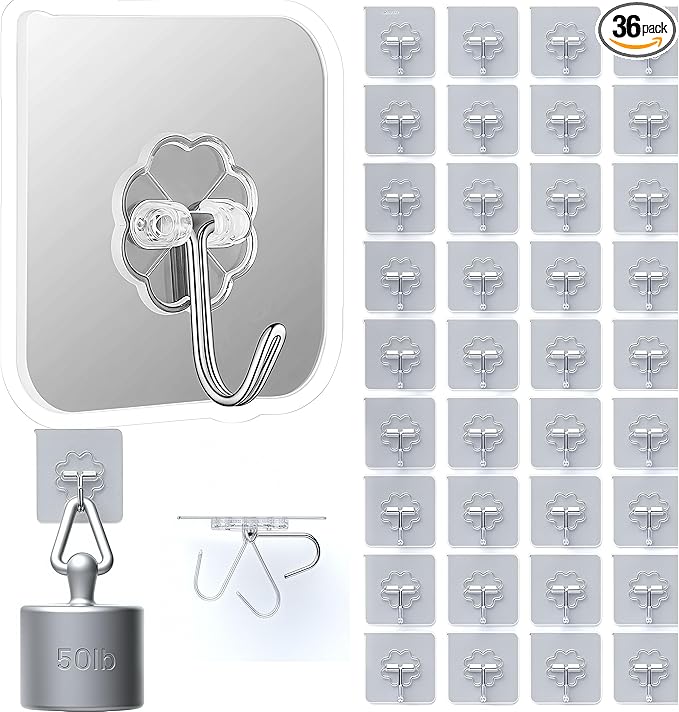 DDMY 36 Pack Heavy Duty Hooks 50lb(Max) Self Adhesive Large Hooks for Hanging,Wall Transparent Reusable Waterproof Hook for Kitchen Curtain Towel Hook for Bathrooms Coat Hook for Walls No Damage