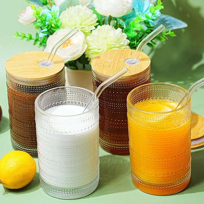 15 Oz Glass Cups with Lids and Straws, Vintage Embossed Glassware for Whiskey Cocktail Beer, Iced Coffee Cup with Lid (2 PACK)