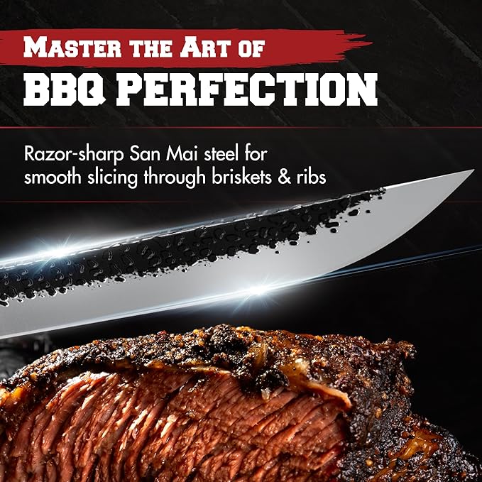 Kitchen perfection 12" Handmade Brisket Knife, Meat Cutting Carving & Slicing BBQ Knife For Men – Insanely Sharp San Mai Steel, W/Leather Sheath Premium Ergonomic Handle, Best Grilling Gifts for Men