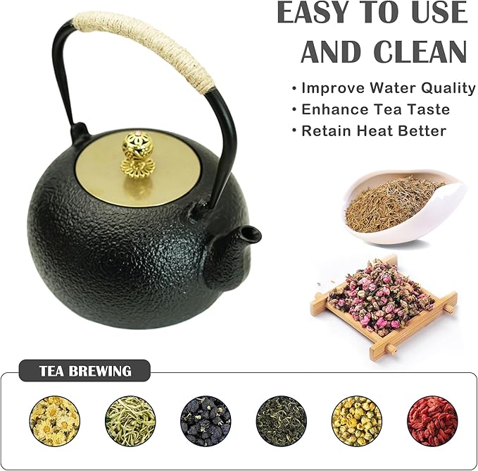 40.6oz Cast Iron Teapot for Stovetop, Japanese Tetsubin with Enamel, Black Tea Pot with Stainless Steel Infuser for Loose Tea, 1200ml Small Tea Kettle(Spherical Shape)