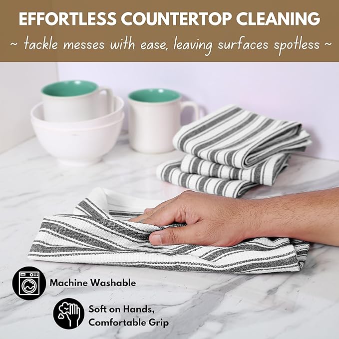 Native Fab 100% Cotton Striped Kitchen Towels - Set of 12-16"x26"- Basket Weave Stripe Dish Towels for Quick Drying, Absorbent Kitchen Wash Cloths Set with Hanging Loop - Black