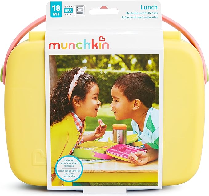 Munchkin Lunch Bento Box for Kids and Toddlers, Includes Stainless Steel Utensils, BPA-Free, 18 Months and Up, Pink/Green/Yellow