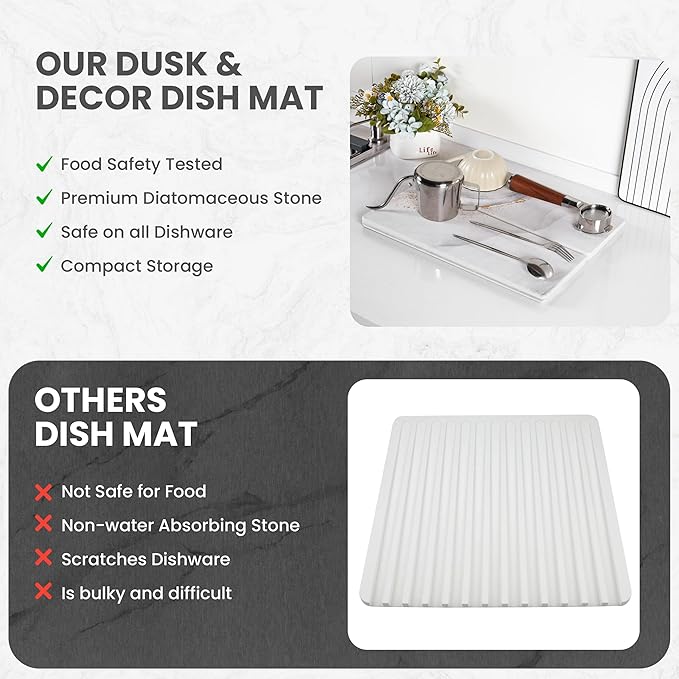 Dusk & Decor Folding Stone Dish Drying Mat – Quick-Drying Diatomaceous Earth Kitchen Mat for Counter – Foldable, Non-Slip Diatomite Sink Tray for Dishes and Utensils - White