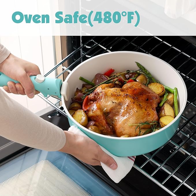 SENSARTE 24 Piece Ceramic Pots and Pans Set, Nonstick Detachable Handle Cookware, Induction Cookware Set with Removable Handle, Healthy Non Stick for RV, Dishwasher＆Oven Safe, PFOA Free (Turquoise)