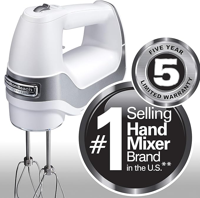 Hamilton Beach Professional 5-Speed Electric Hand Mixer with High-Performance DC Motor, Slow Start, Snap-On Storage Case, Stainless Steel Beaters & Whisk, White (62652)