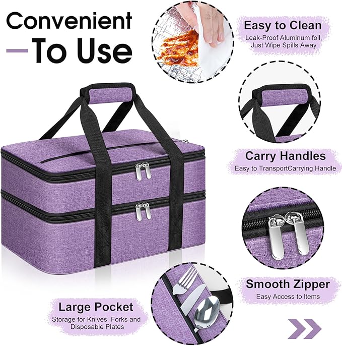 Double Insulated Casserole Carrier, Portable Casserole Carrier for Hot or Cold Food Lunch Tote Warmer or Cooler Bag, Lasagna Lunch Bag for Potluck Parties- Fits 9" x 13" Baking Dish-Purple