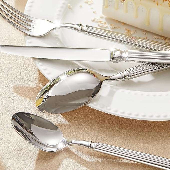 KINGSTONE Silverware Set, 18/10 Stainless Steel Flatware Set - Roman Column Embossed Thick Handle, for Wedding, Home, Restaurant, Camping and Party, Mirror Polish & Dishwasher Safe (5-Piece)