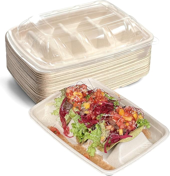 25-Pack 100% Compostable Biodegradable Paper Taco Holders, Eco-Friendly Disposable Paper Taco Tray for Taco Tuesday, Lazy Susan Taco Bar (25-Pack with lids)