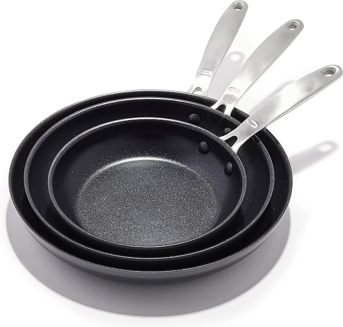 OXO Enhanced, 8" 10" and 12" 3 Piece Frying Pan Skillet Set, Healthy Ceramic Nonstick, PFAS-Free, Stainless Steel Handle, Dishwasher Safe, Oven Safe, Black
