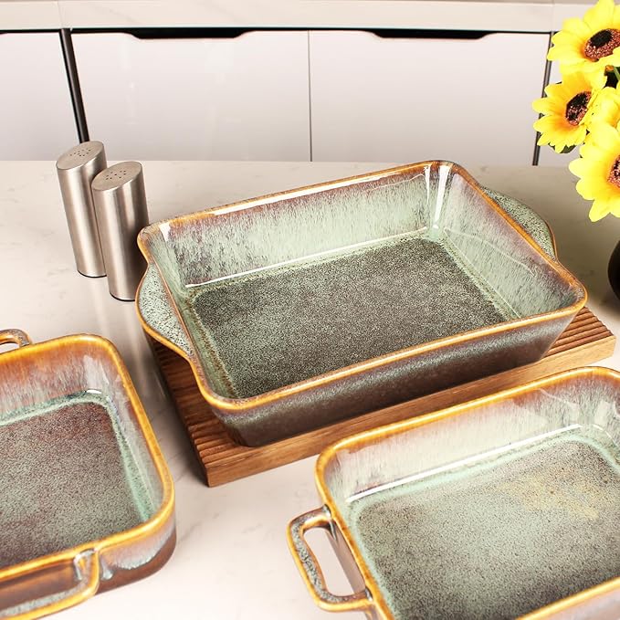 Rectangular 10 x 8 Casserole Dish, 2 Qt Ceramic Au gratin Baking Dish with Handles, Or for mixing, salad, pasta plate, Best gift for those who love baking, Microwave, Oven safe