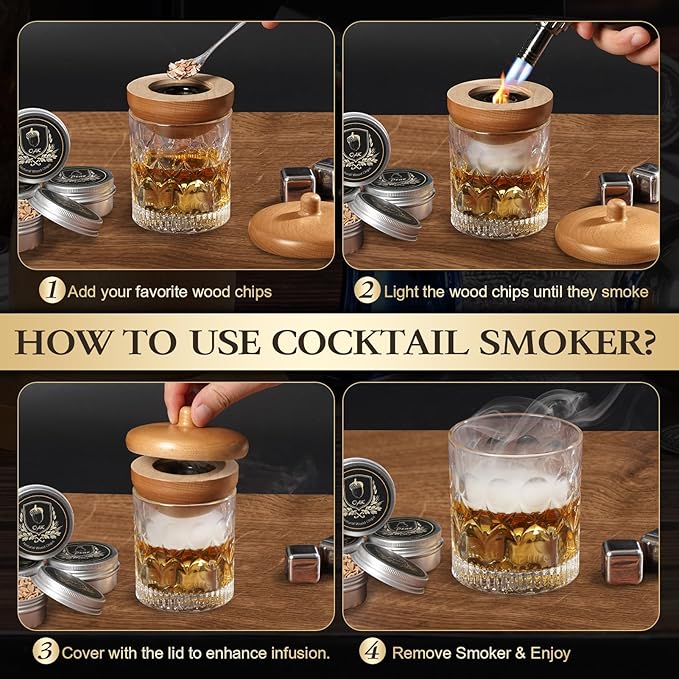 G GOOD GAIN Whiskey Smoker Kit with Torch - Old Fashioned Cocktail Smoker Infuser Kit, 6 Flavors Wood Chips, 4 Ice Stone | Birthday Bourbon Whiskey Gifts for Men, Dad, Husband (No Butane)