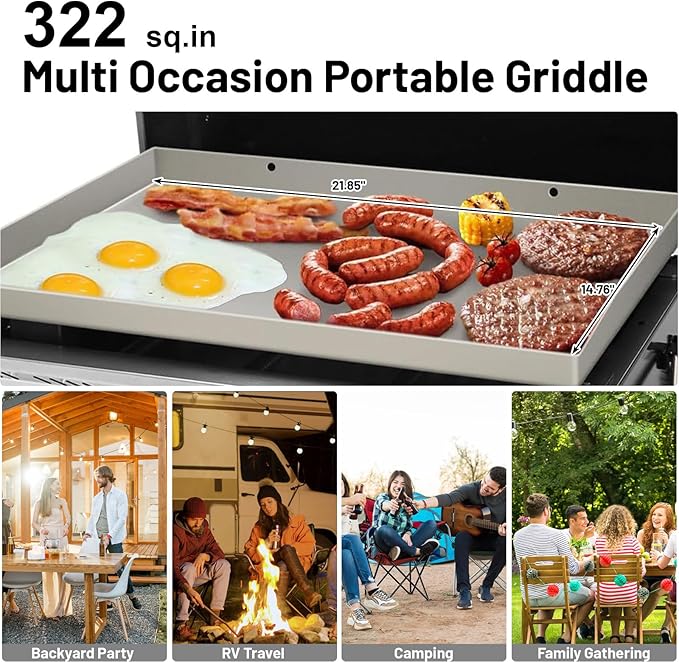 26 inch Tabletop Griddle with Ceramic Coated Cast Iron Plate, 3 Burners Flat Top pan, 28650 BTU Portable Propane Gas BBQ Grill Teppanyaki for Kitchen Outdoor Cooking Barbecue Camping (Griddle)