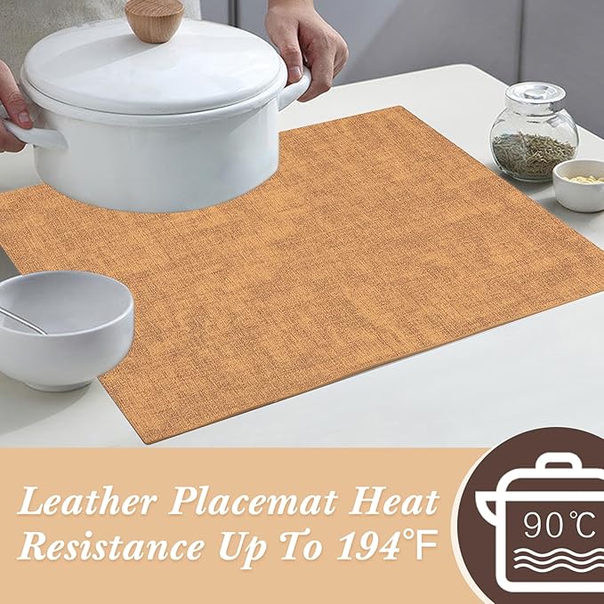 SUEH DESIGN Leather Placemats Set of 6 Reversible Table Mats Heat Resistant Waterproof No-Slip Place Mats for Dining Table Kitchen Parties, Camel and Beige