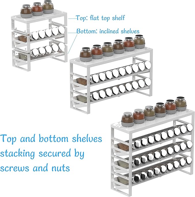 Expandable, Stackable, Adjustable Spice Rack Kitchen Organizer,Metal Pantry Storage Shelves - Multi-Tier Shelf for Cabinet, Countertop, Pantries, Cupboard or Wall Mount,White