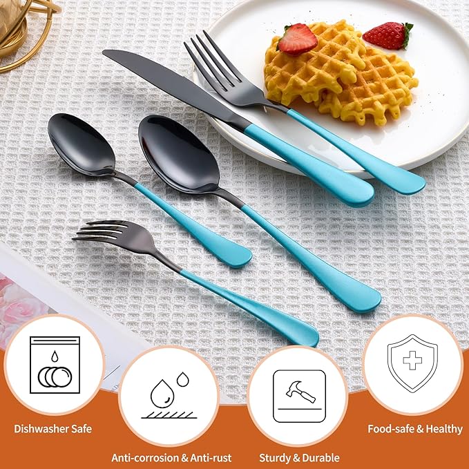 20 Piece Black Sky Blue 18/0 Flatware Utensil Set for 4, Include Dinner Knife,Dinner Forks,Dinner Spoons,Salad Forks,Teaspoons,Silverware Set for 4, Dishwasher Safe