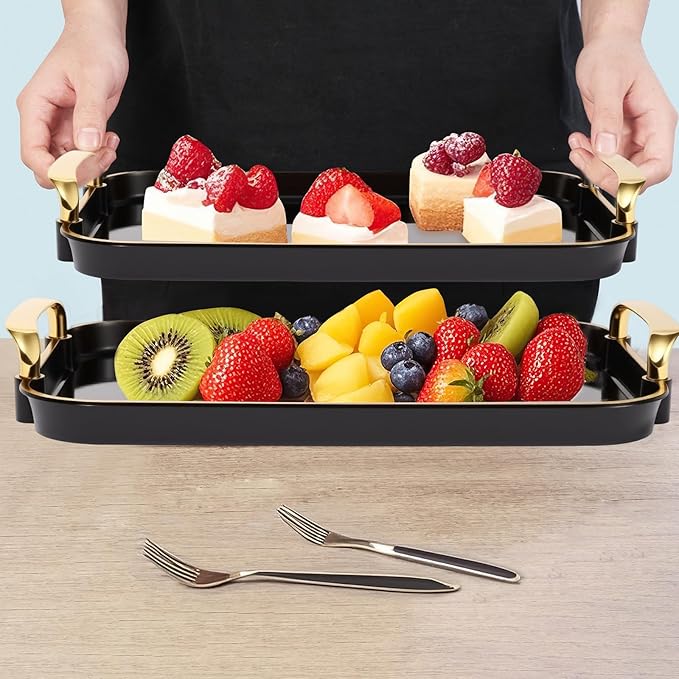 Set of 3 Serving Platters with Handles 16.5/15/13.2 Inch Reusable Large Serving Trays, Party Food Tray, Rectangular Dinner Plates for Cookie, Cake, Turkey, Cheese, Fruit, Snack(Black)