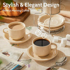 Sweese Porcelain Espresso Cups Set, 2.5 oz, Stackable with Saucers Metal Stand, Beige, 4 Pack