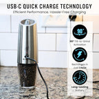 My Chef Tools - Electric Salt and Pepper Grinder Set - Rechargeable Automatic Salt Pepper Mill - USB C Charging - LED Light Illumination - Adjustable Coarseness - 2 Pack Silver
