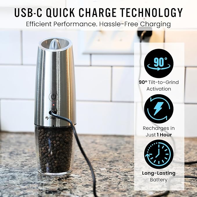 My Chef Tools - Electric Salt and Pepper Grinder Set - Rechargeable Automatic Salt Pepper Mill - USB C Charging - LED Light Illumination - Adjustable Coarseness - 2 Pack Silver