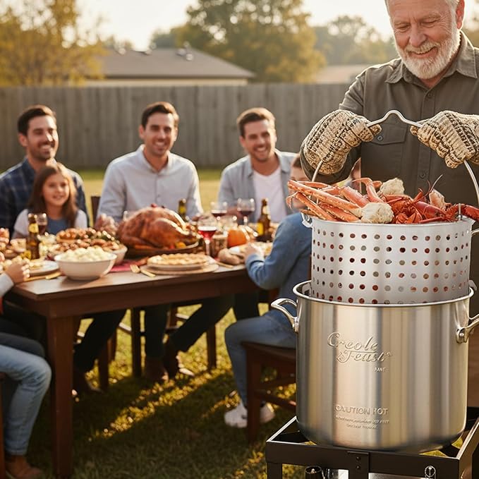 Creole Feast SBK0801 80 Qt Seafood Boiling Kit with Strainer, Outdoor Seafood Boil Pot and Basket with 100,000 BTUs Propane Burner and 10 PSI Regulator, Black & Silver