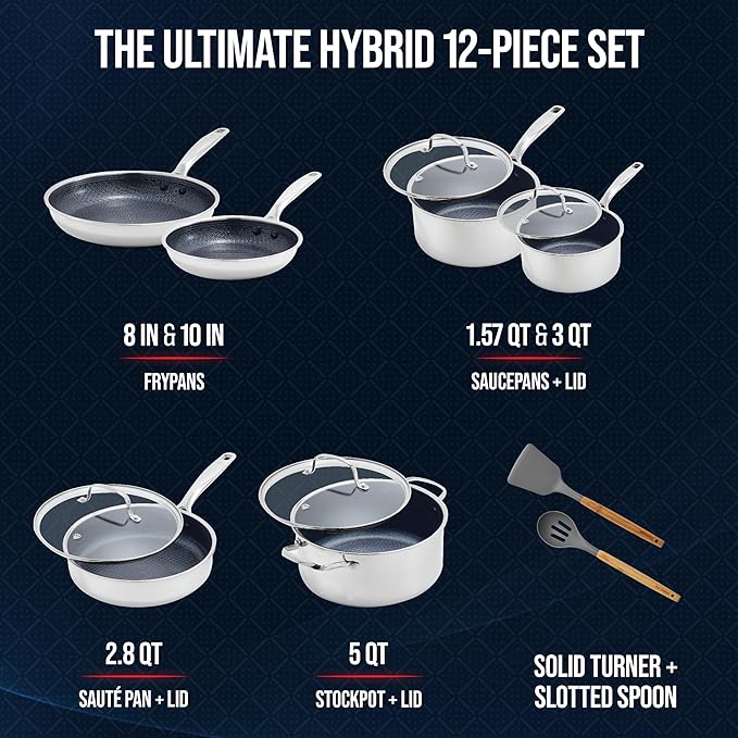 Blue Diamond Hybrid Nonstick Stainless Steel 12 Piece Cookware Set, Tri-Ply PFAS-Free Ceramic Diamond Bond Pots & Pans, Dishwasher & Oven Safe to 850F, Induction Ready, Metal Utensil Safe, Silver