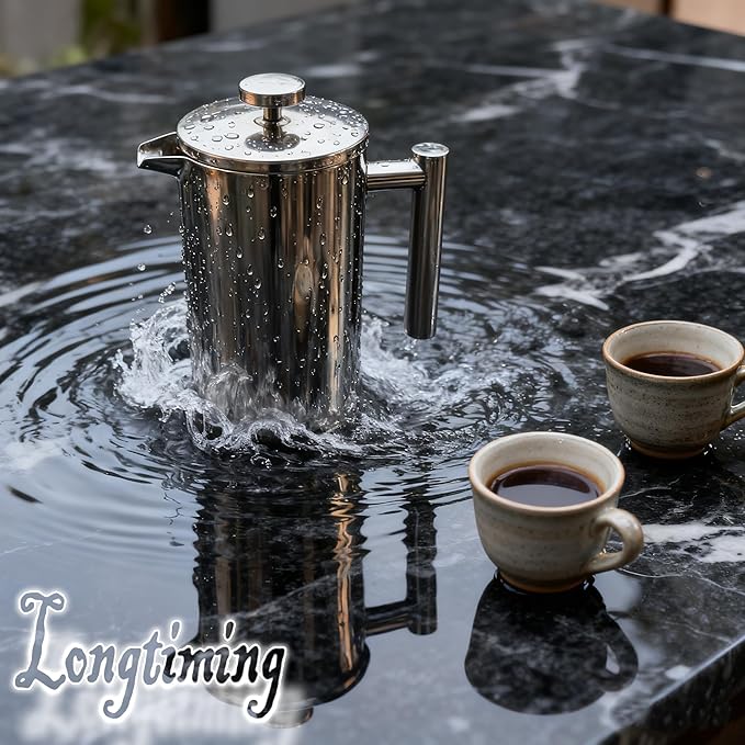 French filter coffee machine 34 ounces, double insulated, easy to clean, durable, Camping coffee makers, Brew Coffee On Stovetop，suitable for home and camping, silver.