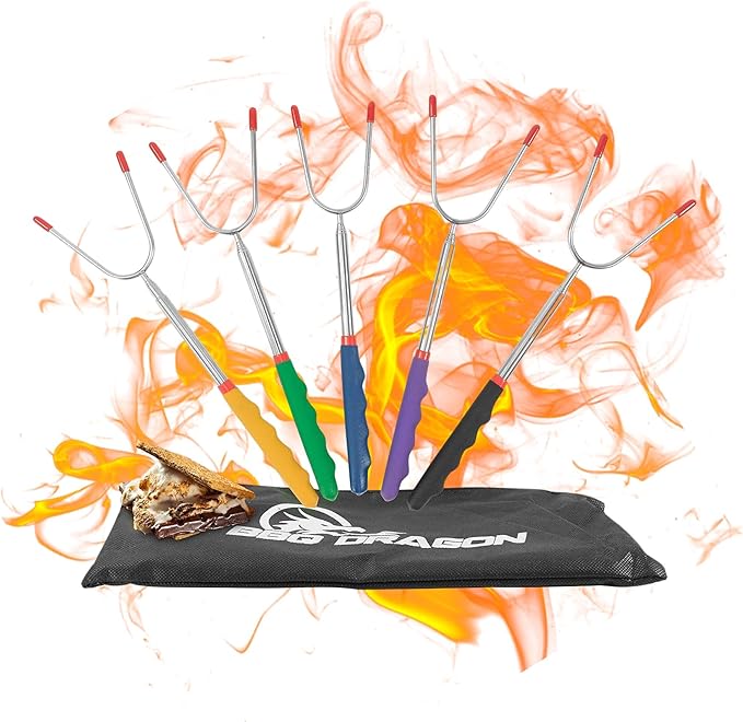 BBQ Dragon Smores Kit – 5 Extra Long Smore Sticks for Fire Pit – Telescoping Marshmallow Roasting Sticks – Durable Skewers for Smores and Hot Dogs – Outdoor Smores Kit with Color Handles