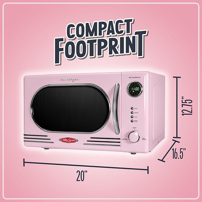 Nostalgia NRMO11PK6A 1000 Watt Power Retro Countertop Microwave Oven Easy to Clean with Removable Glass Turntable-Child Safety Lock-12 Programs-Digital Clock, 1.1 Cu. Ft, Pink