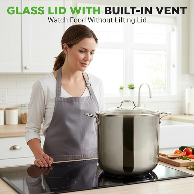 NutriChef 19-Quart Stainless Steel Stockpot – 18/8 Food Grade Heavy-Duty Induction-Compatible Pot with See-Through Lid, Ideal for Stews, Broths, Simmering & Soups, Dishwasher Safe – NCSP20