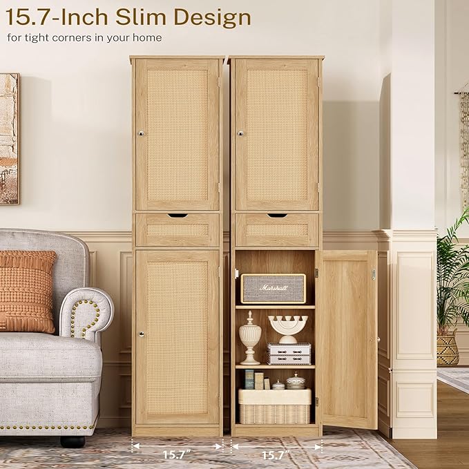 67" H Tall Storage Cabinet with 2 Rattan Doors and 1 Drawer, Narrow Rattan Cabinet with Adjustable Shelves, for Living Room, Entryway, Kitchen, Natural