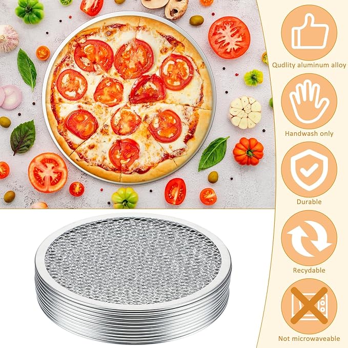 Dandat 12 Pieces 8 Inch Pizza Screen Round Aluminum Mesh Pans with Holes Bulk Seamless Pizza Trays for Oven Nonstick Baking Sheet Mesh Baking Screen for Party Kitchen Restaurant Cooking Supplies