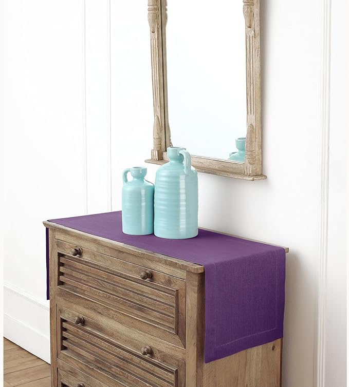 Solino Home Linen Purple Table Runner 48 Inches - Classic Hemstitch, 100% Pure Linen Coffee Table Runner 14 x 48 Inch Ideal for Dresser Tables - Summer, Fall, Autumn, Halloween