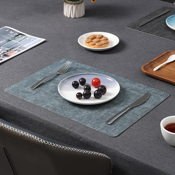 Myir JUN Dual Sided Faux Leather Placemats Set of 4 - Indoor/Outdoor Square Non-Slip Washable Table Mats (Gray Light Blue, Set of 4)