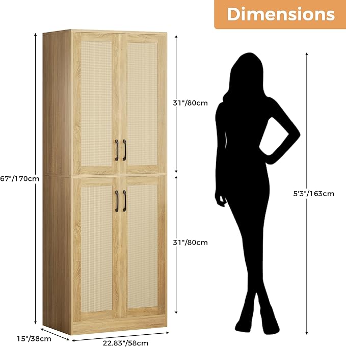 Kitchen Pantry Cabinet, 67" Tall Rattan Storage Cabinet with Doors and Adjustable Shelves, Wooden Linen Pantry Cupboard for Small Spaces Laundry Room Bathroom, Food Snack Towels Storage, Oak