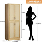 Kitchen Pantry Cabinet, 67" Tall Rattan Storage Cabinet with Doors and Adjustable Shelves, Wooden Linen Pantry Cupboard for Small Spaces Laundry Room Bathroom, Food Snack Towels Storage, Oak